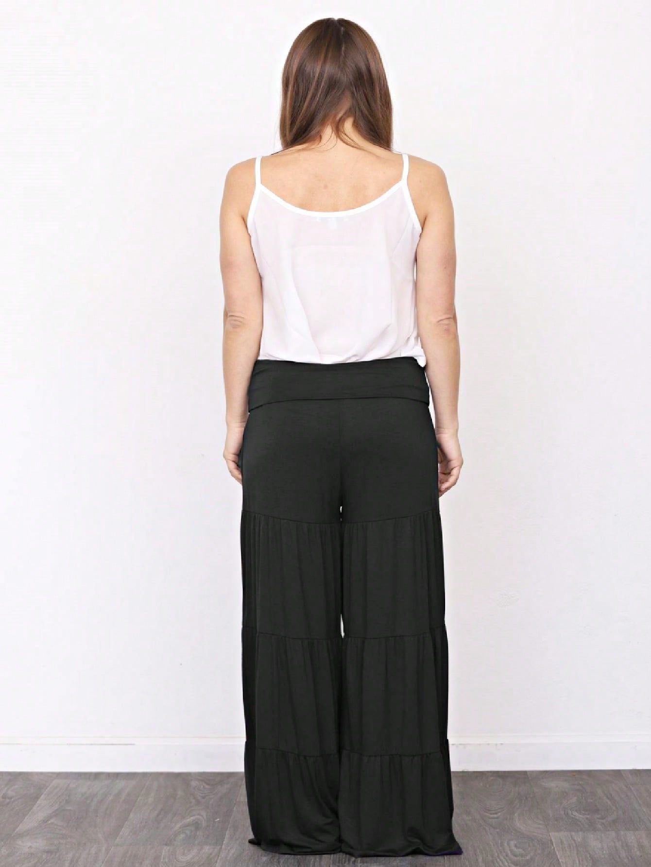 Fold Over Band Wide Leg Tiered Soft Long Lounge Pants