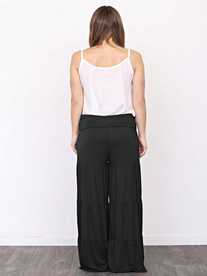 Fold Over Band Wide Leg Tiered Soft Long Lounge Pants