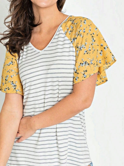 Boho Retro Yellow Mint Blue Ditsy Grey Stripe Color Block Flounce Tiered Raglan Sleeve Top Shirt Blouse | Small-3 XL