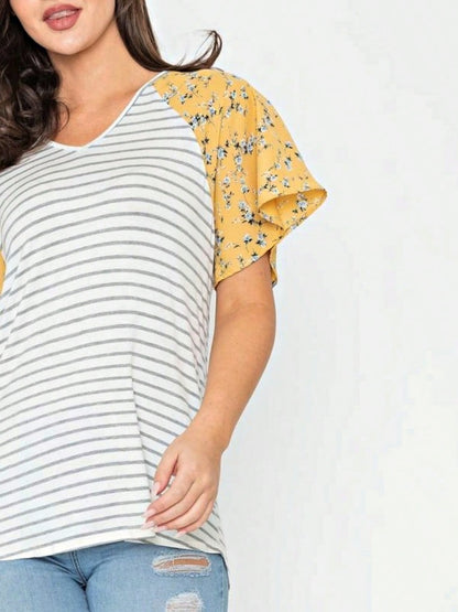 Boho Retro Yellow Mint Blue Ditsy Grey Stripe Color Block Flounce Tiered Raglan Sleeve Top Shirt Blouse | Small-3 XL