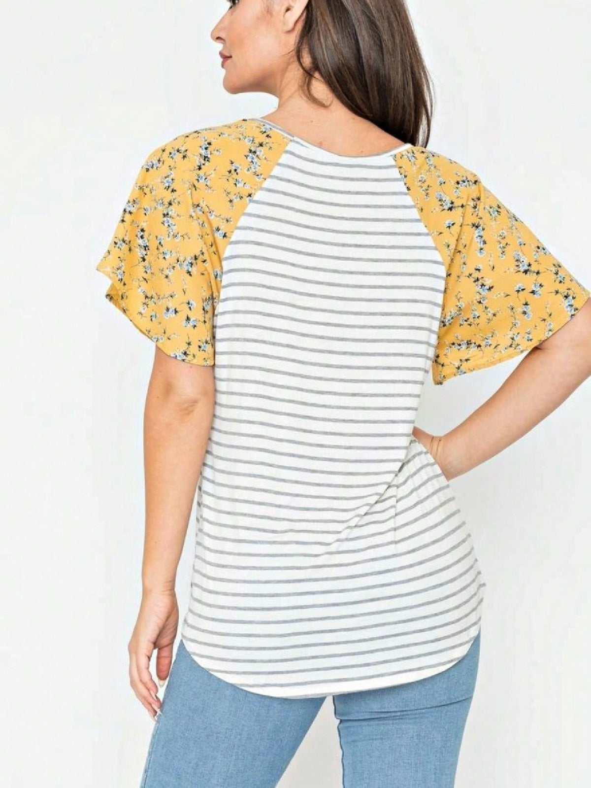 Boho Retro Yellow Mint Blue Ditsy Grey Stripe Color Block Flounce Tiered Raglan Sleeve Top Shirt Blouse | Small-3 XL