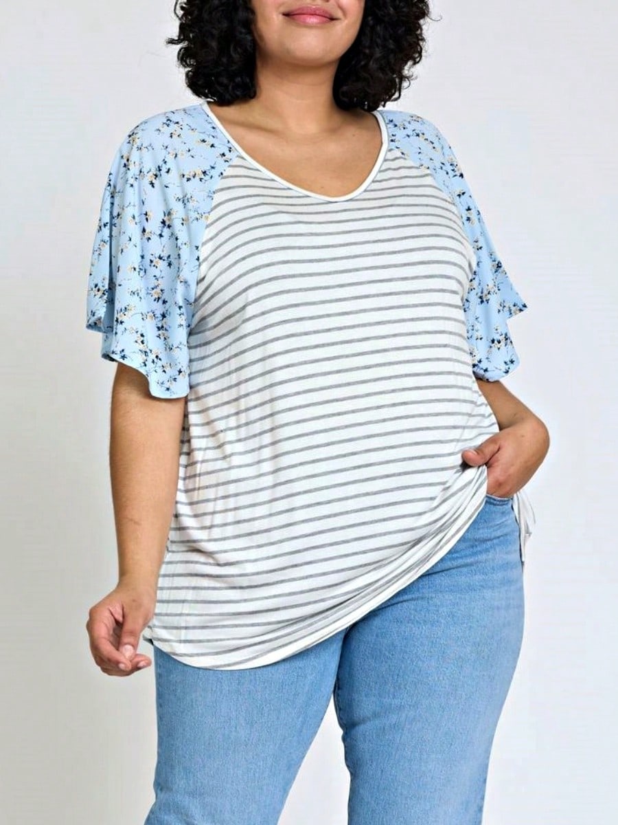 Boho Retro Yellow Mint Blue Ditsy Grey Stripe Color Block Flounce Tiered Raglan Sleeve Top Shirt Blouse | Small-3 XL