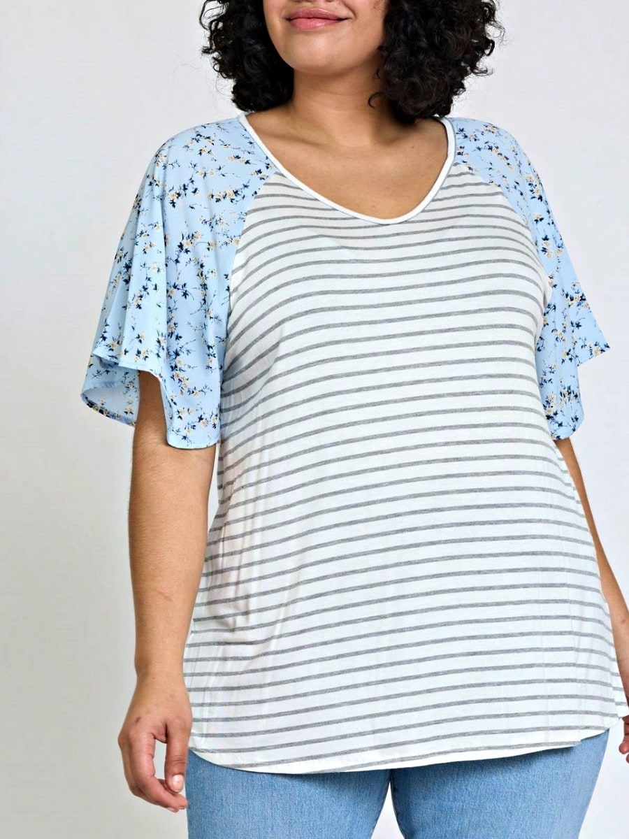 Boho Retro Yellow Mint Blue Ditsy Grey Stripe Color Block Flounce Tiered Raglan Sleeve Top Shirt Blouse | Small-3 XL