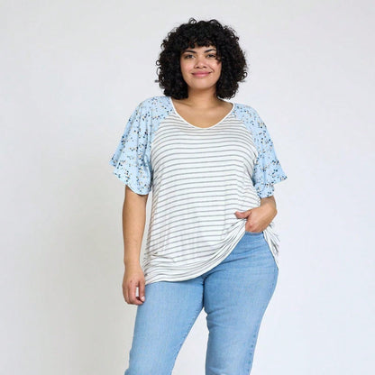 Boho Retro Yellow Mint Blue Ditsy Grey Stripe Color Block Flounce Tiered Raglan Sleeve Top Shirt Blouse | Small-3 XL