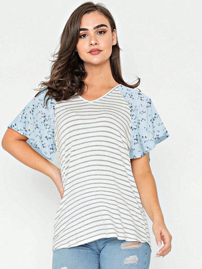 Boho Retro Yellow Mint Blue Ditsy Grey Stripe Color Block Flounce Tiered Raglan Sleeve Top Shirt Blouse | Small-3 XL