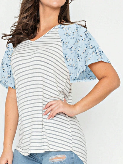 Boho Retro Yellow Mint Blue Ditsy Grey Stripe Color Block Flounce Tiered Raglan Sleeve Top Shirt Blouse | Small-3 XL