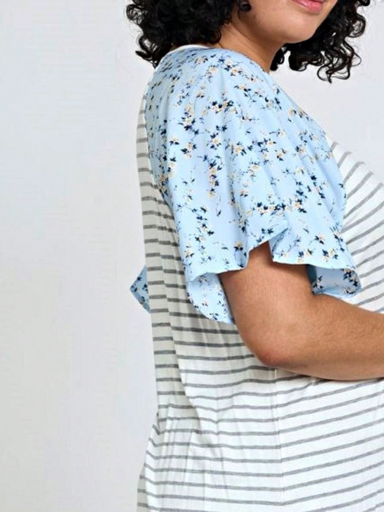 Boho Retro Yellow Mint Blue Ditsy Grey Stripe Color Block Flounce Tiered Raglan Sleeve Top Shirt Blouse | Small-3 XL