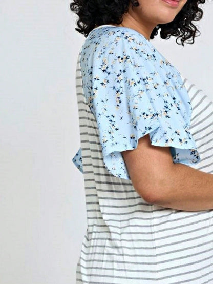 Boho Retro Yellow Mint Blue Ditsy Grey Stripe Color Block Flounce Tiered Raglan Sleeve Top Shirt Blouse | Small-3 XL