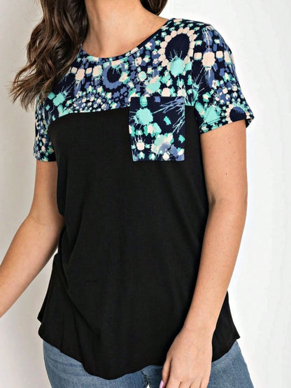 Boho Retro Black Mint Color Block Oriental Geo Pocket 60's Rayon Soft Top Shirt Blouse | Small-3 XL