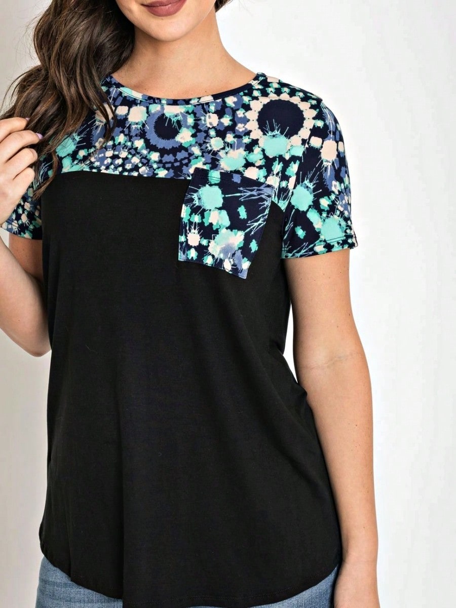 Boho Retro Black Mint Color Block Oriental Geo Pocket 60's Rayon Soft Top Shirt Blouse | Small-3 XL
