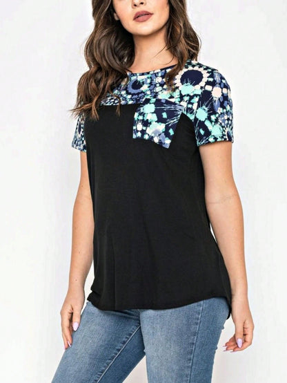 Boho Retro Black Mint Color Block Oriental Geo Pocket 60's Rayon Soft Top Shirt Blouse | Small-3 XL