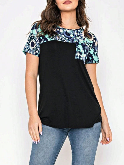 Boho Retro Black Mint Color Block Oriental Geo Pocket 60's Rayon Soft Top Shirt Blouse | Small-3 XL