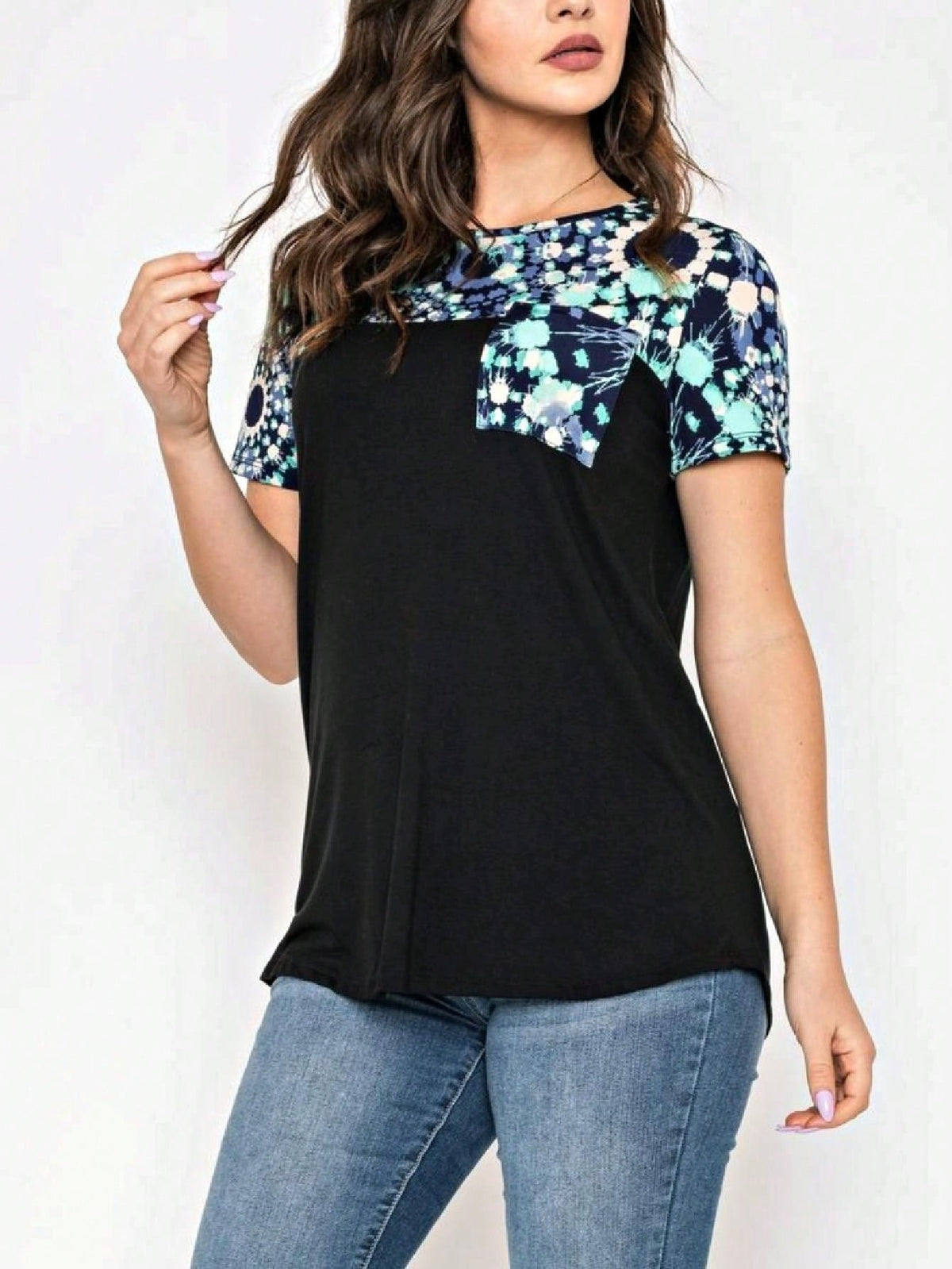 Boho Retro Black Mint Color Block Oriental Geo Pocket 60's Rayon Soft Top Shirt Blouse | Small-3 XL