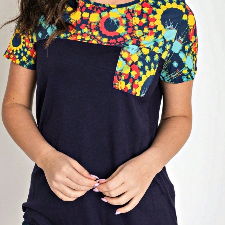 Boho Retro Black Mint Color Block Oriental Geo Pocket 60's Rayon Soft Top Shirt Blouse | Small-3 XL