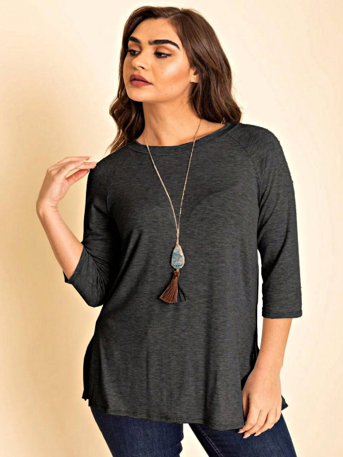 Boho Retro Solid Color Side Slit Quarter Sleeve High And Low Raglan Pleated Back  Rayon Soft Top Shirt Blouse | Small-3 XL