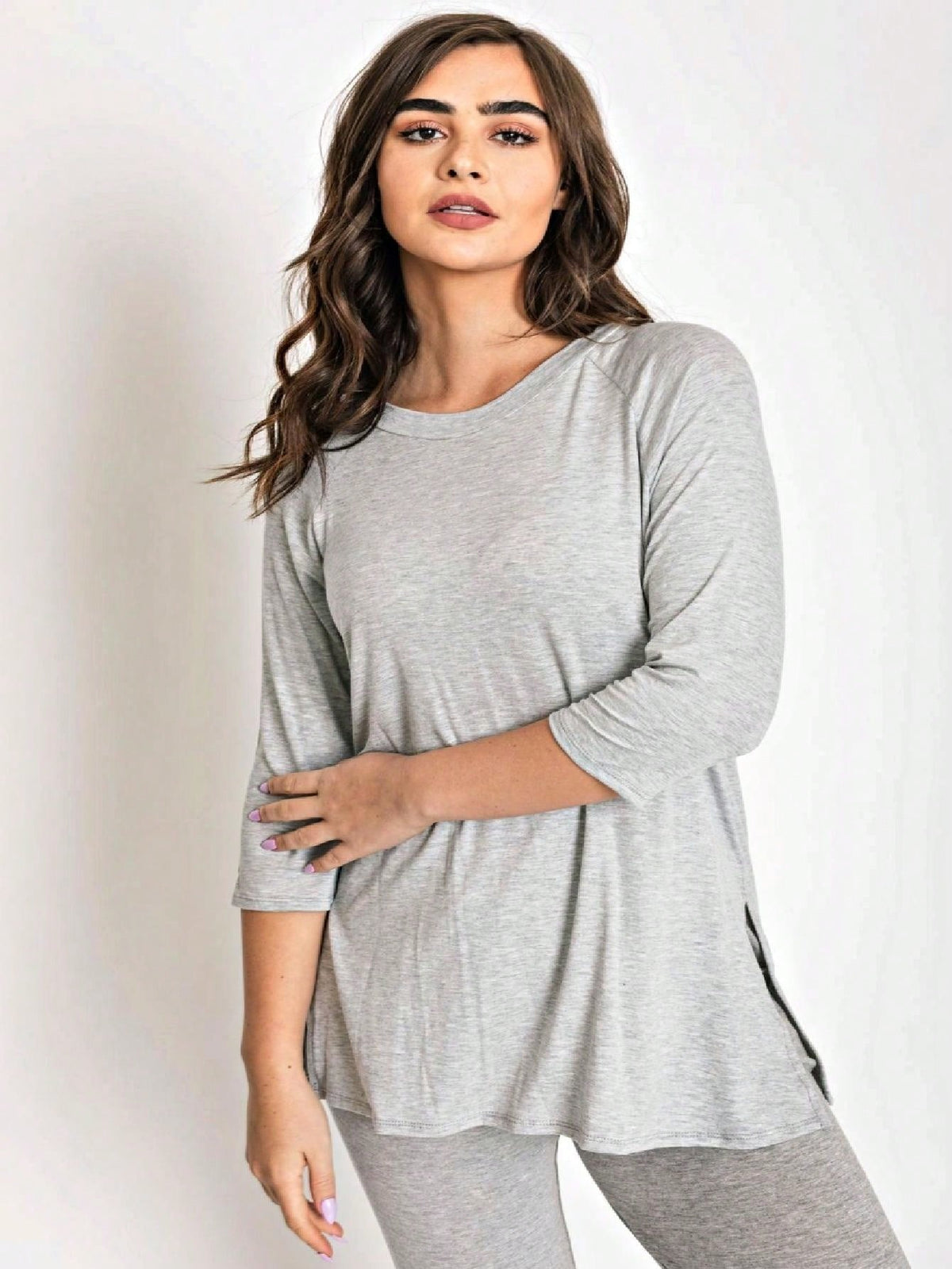 Boho Retro Solid Color Side Slit Quarter Sleeve High And Low Raglan Pleated Back  Rayon Soft Top Shirt Blouse | Small-3 XL