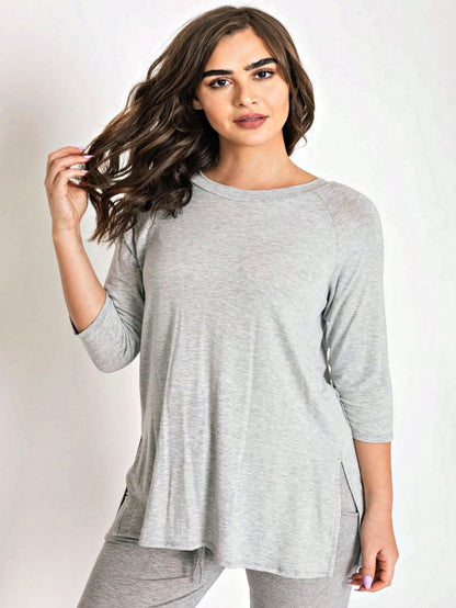 Boho Retro Solid Color Side Slit Quarter Sleeve High And Low Raglan Pleated Back  Rayon Soft Top Shirt Blouse | Small-3 XL