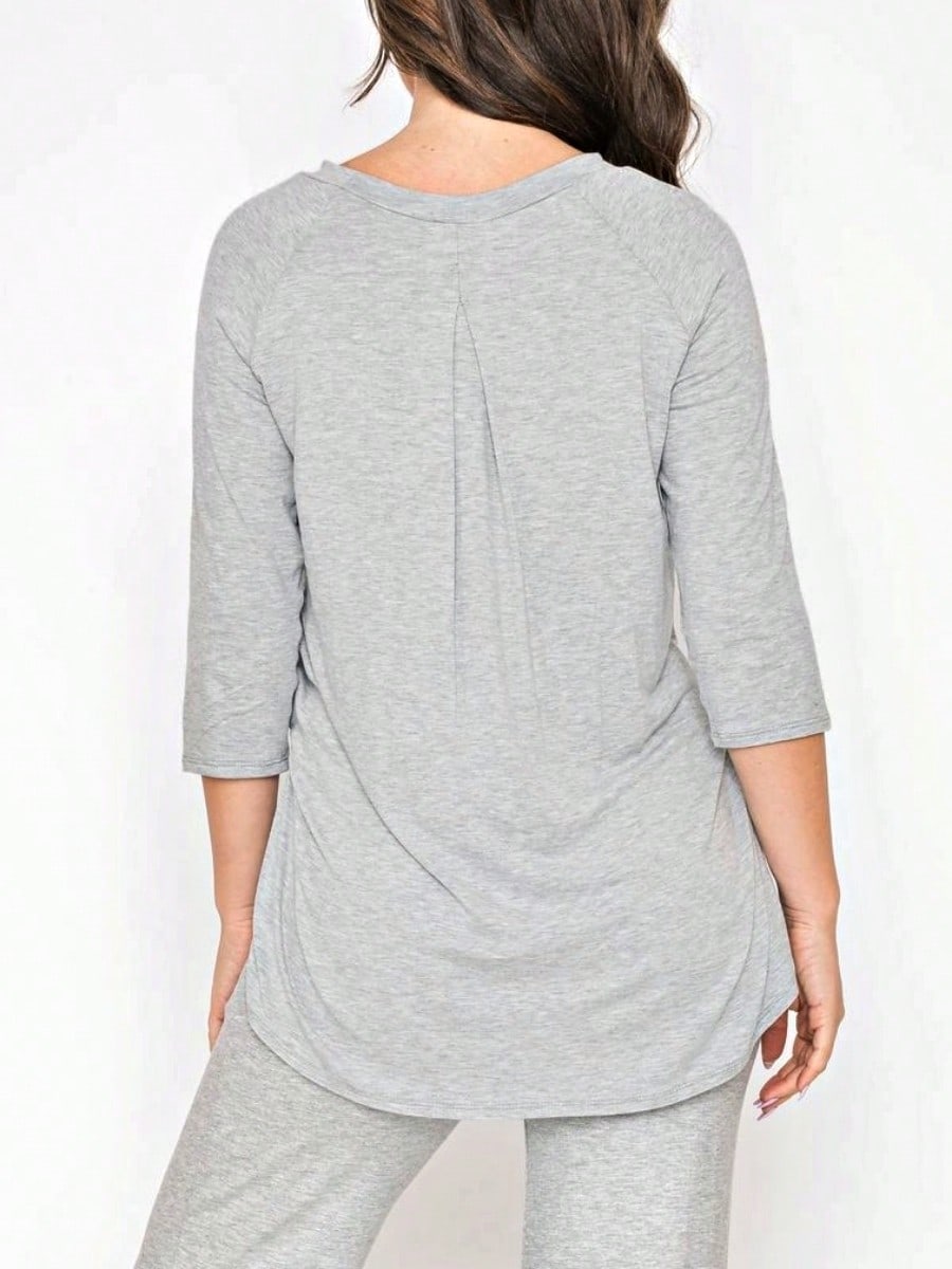Boho Retro Solid Color Side Slit Quarter Sleeve High And Low Raglan Pleated Back  Rayon Soft Top Shirt Blouse | Small-3 XL