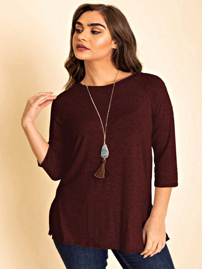 Boho Retro Solid Color Side Slit Quarter Sleeve High And Low Raglan Pleated Back  Rayon Soft Top Shirt Blouse | Small-3 XL