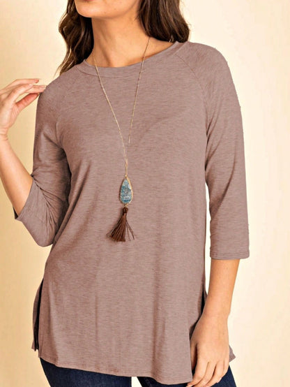 Boho Retro Solid Color Side Slit Quarter Sleeve High And Low Raglan Pleated Back  Rayon Soft Top Shirt Blouse | Small-3 XL