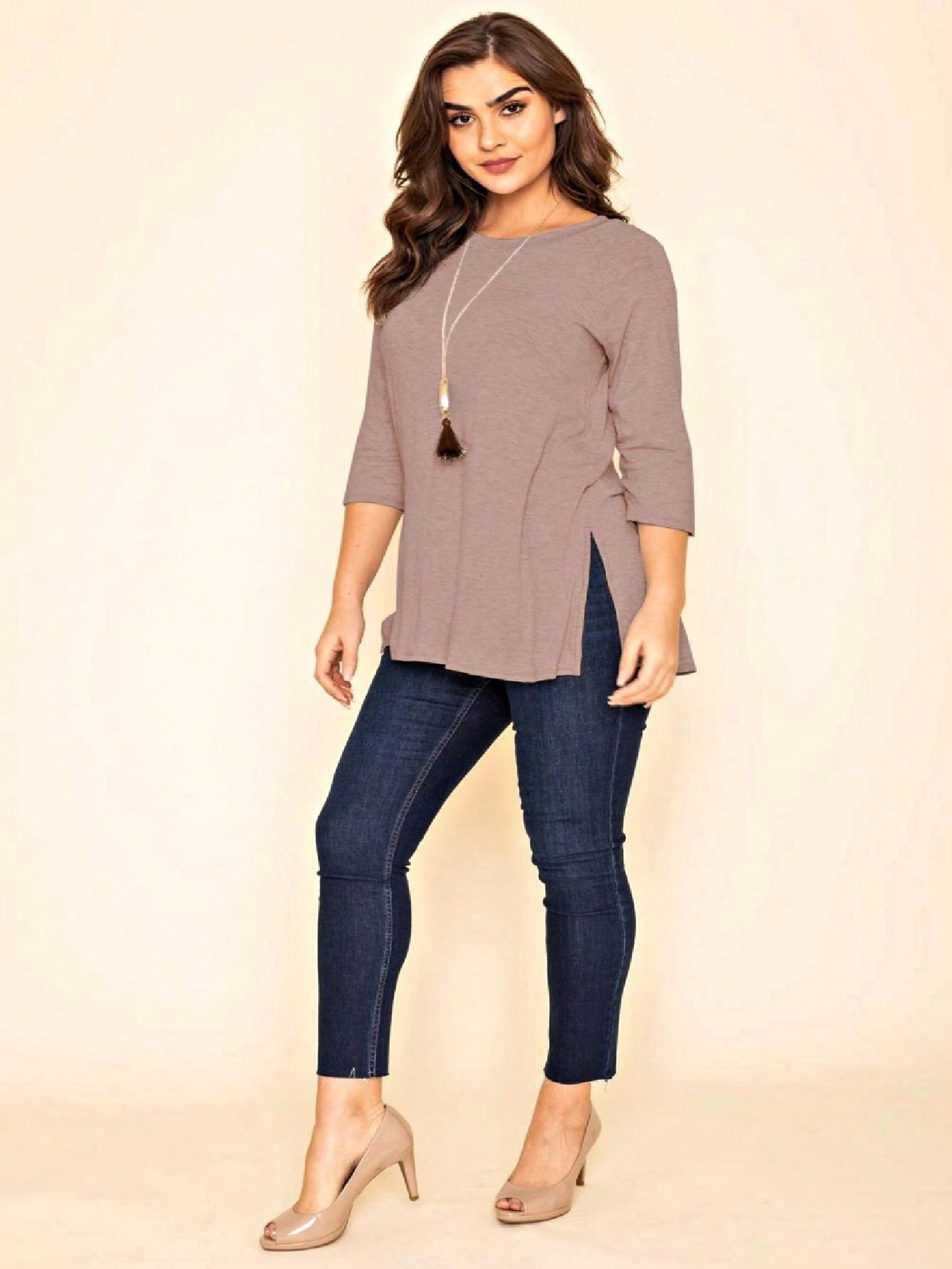 Boho Retro Solid Color Side Slit Quarter Sleeve High And Low Raglan Pleated Back  Rayon Soft Top Shirt Blouse | Small-3 XL