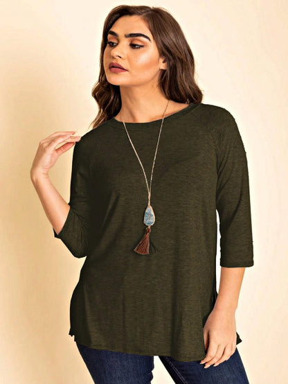 Boho Retro Solid Color Side Slit Quarter Sleeve High And Low Raglan Pleated Back  Rayon Soft Top Shirt Blouse | Small-3 XL
