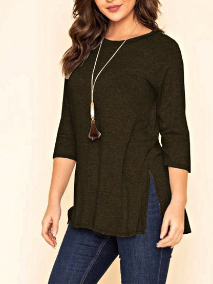 Boho Retro Solid Color Side Slit Quarter Sleeve High And Low Raglan Pleated Back  Rayon Soft Top Shirt Blouse | Small-3 XL