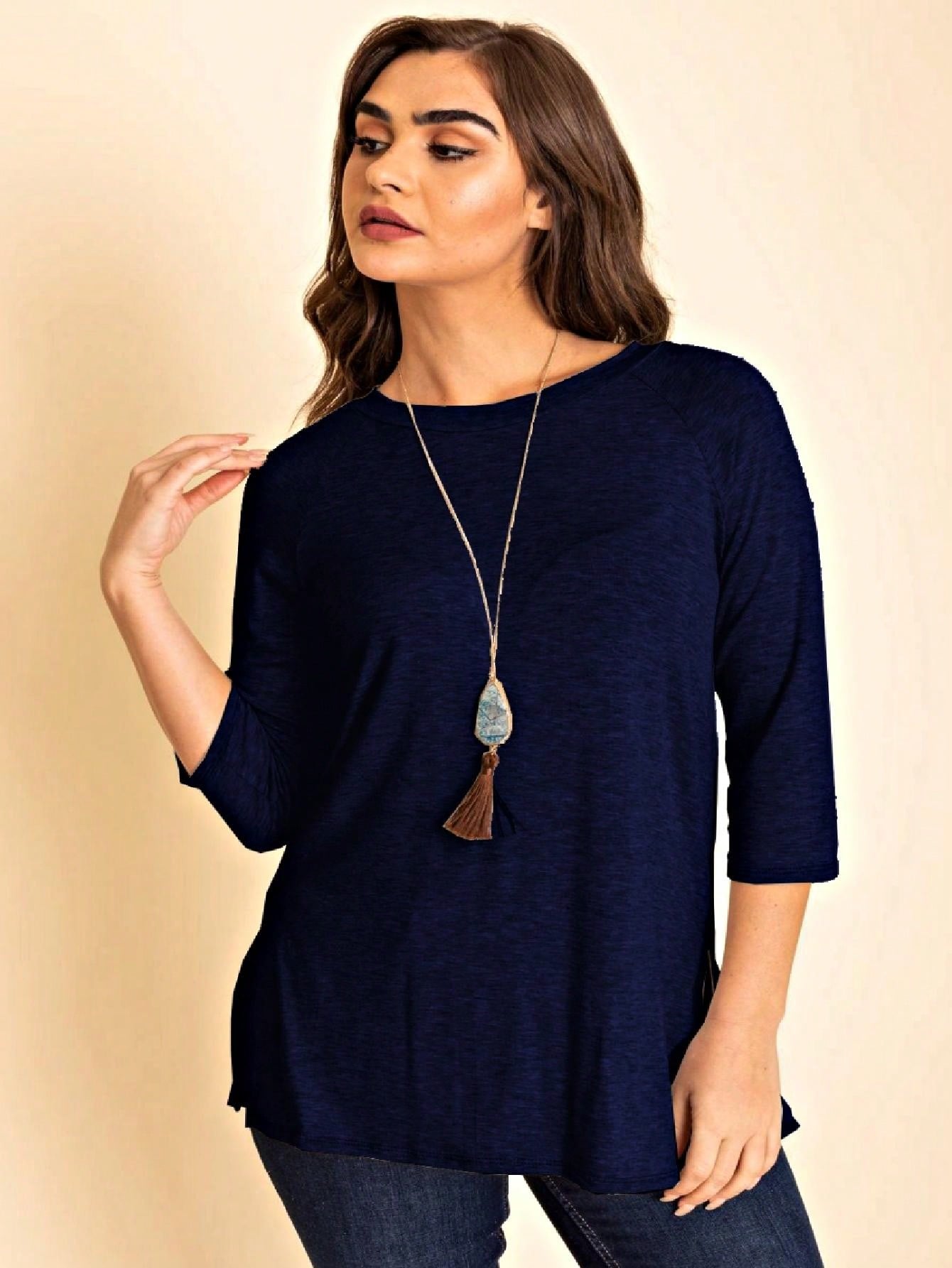 Boho Retro Solid Color Side Slit Quarter Sleeve High And Low Raglan Pleated Back  Rayon Soft Top Shirt Blouse | Small-3 XL