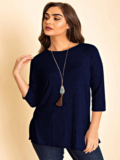 Boho Retro Solid Color Side Slit Quarter Sleeve High And Low Raglan Pleated Back  Rayon Soft Top Shirt Blouse | Small-3 XL