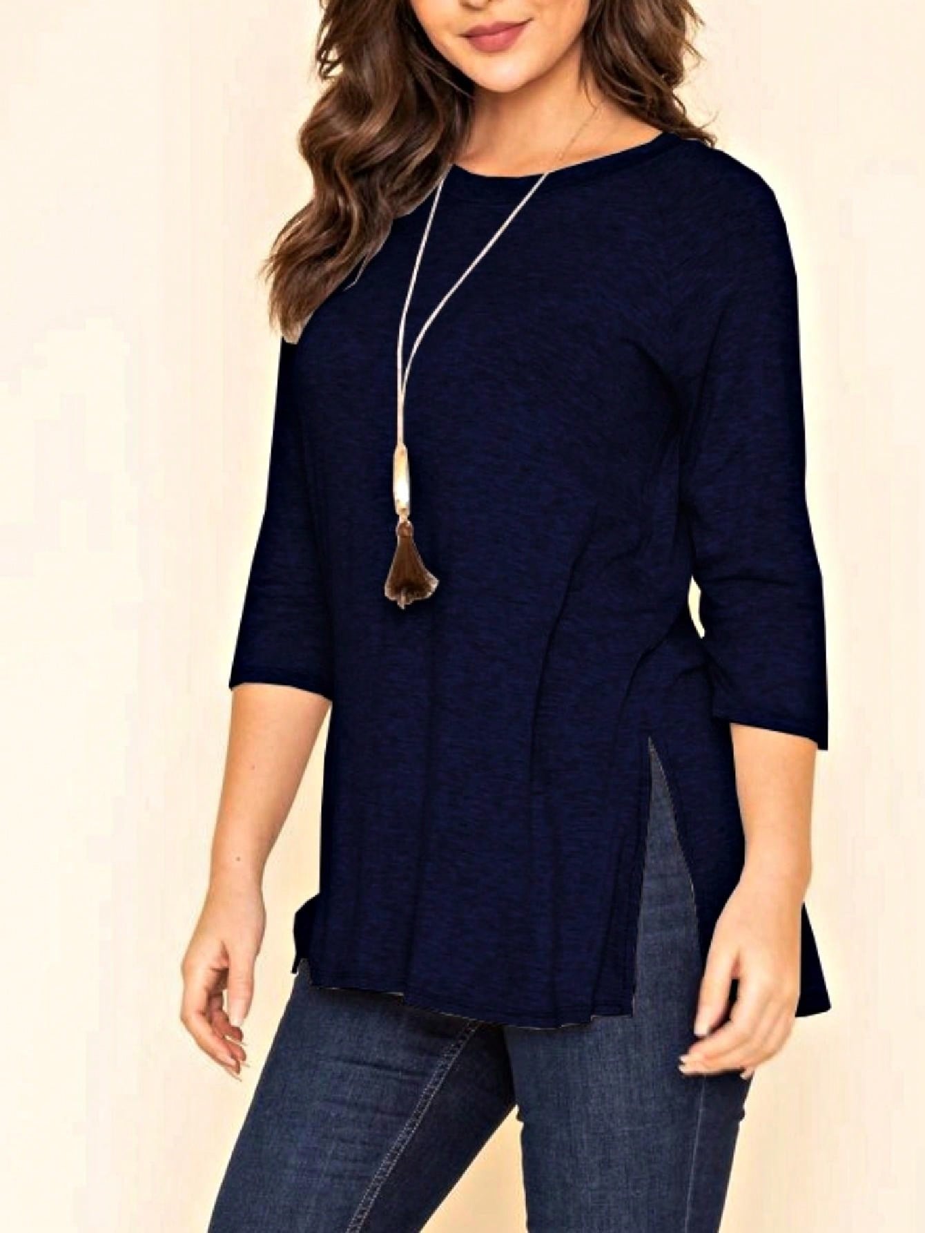 Boho Retro Solid Color Side Slit Quarter Sleeve High And Low Raglan Pleated Back  Rayon Soft Top Shirt Blouse | Small-3 XL