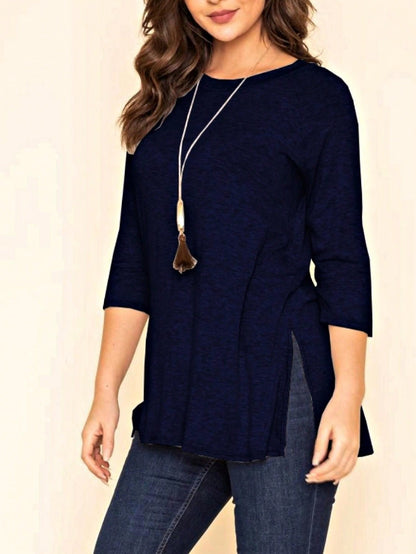 Boho Retro Solid Color Side Slit Quarter Sleeve High And Low Raglan Pleated Back  Rayon Soft Top Shirt Blouse | Small-3 XL