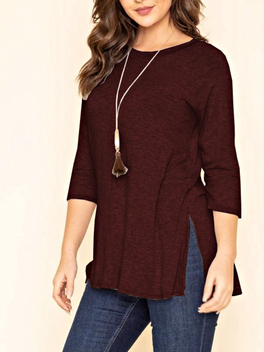 Boho Retro Solid Color Side Slit Quarter Sleeve High And Low Raglan Pleated Back  Rayon Soft Top Shirt Blouse | Small-3 XL