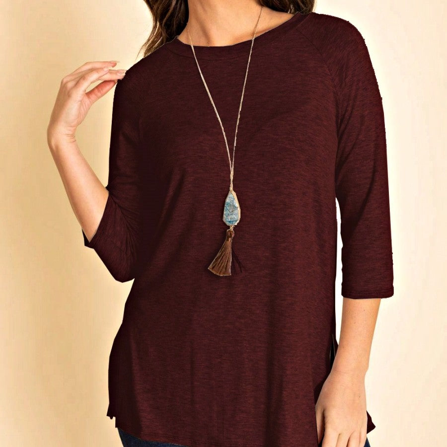 Boho Retro Solid Color Side Slit Quarter Sleeve High And Low Raglan Pleated Back  Rayon Soft Top Shirt Blouse | Small-3 XL