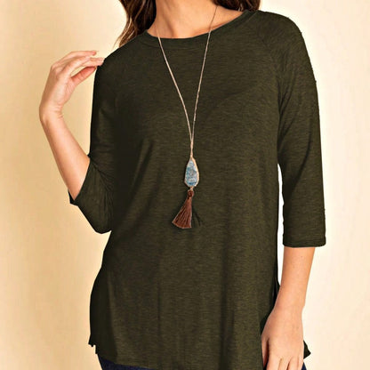 Boho Retro Solid Color Side Slit Quarter Sleeve High And Low Raglan Pleated Back  Rayon Soft Top Shirt Blouse | Small-3 XL