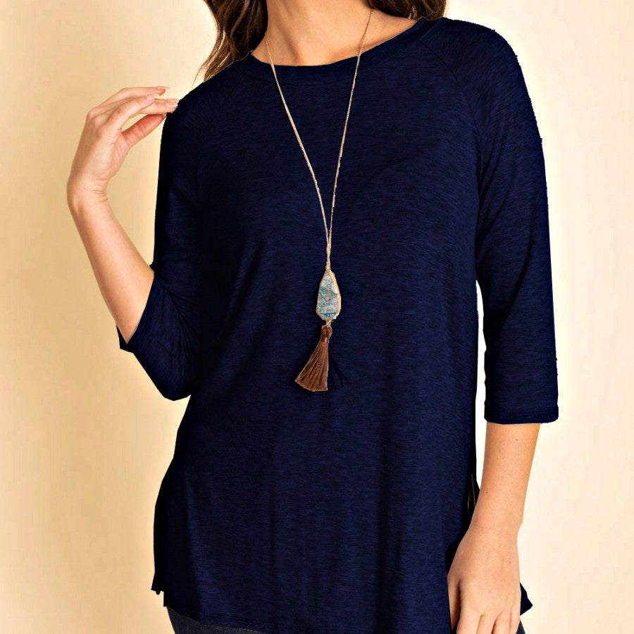 Boho Retro Solid Color Side Slit Quarter Sleeve High And Low Raglan Pleated Back  Rayon Soft Top Shirt Blouse | Small-3 XL