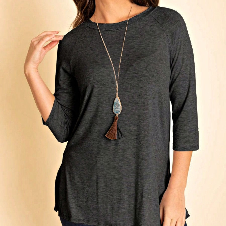 Boho Retro Solid Color Side Slit Quarter Sleeve High And Low Raglan Pleated Back  Rayon Soft Top Shirt Blouse | Small-3 XL