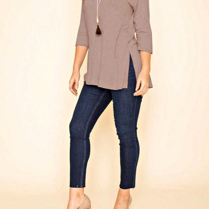 Boho Retro Solid Color Side Slit Quarter Sleeve High And Low Raglan Pleated Back  Rayon Soft Top Shirt Blouse | Small-3 XL