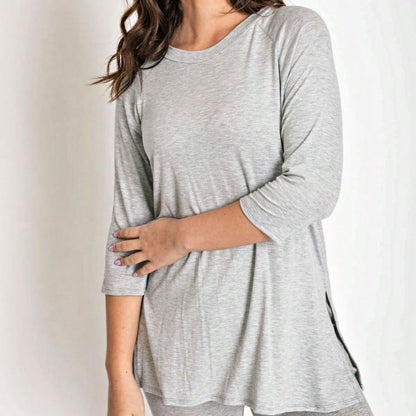 Boho Retro Solid Color Side Slit Quarter Sleeve High And Low Raglan Pleated Back  Rayon Soft Top Shirt Blouse | Small-3 XL