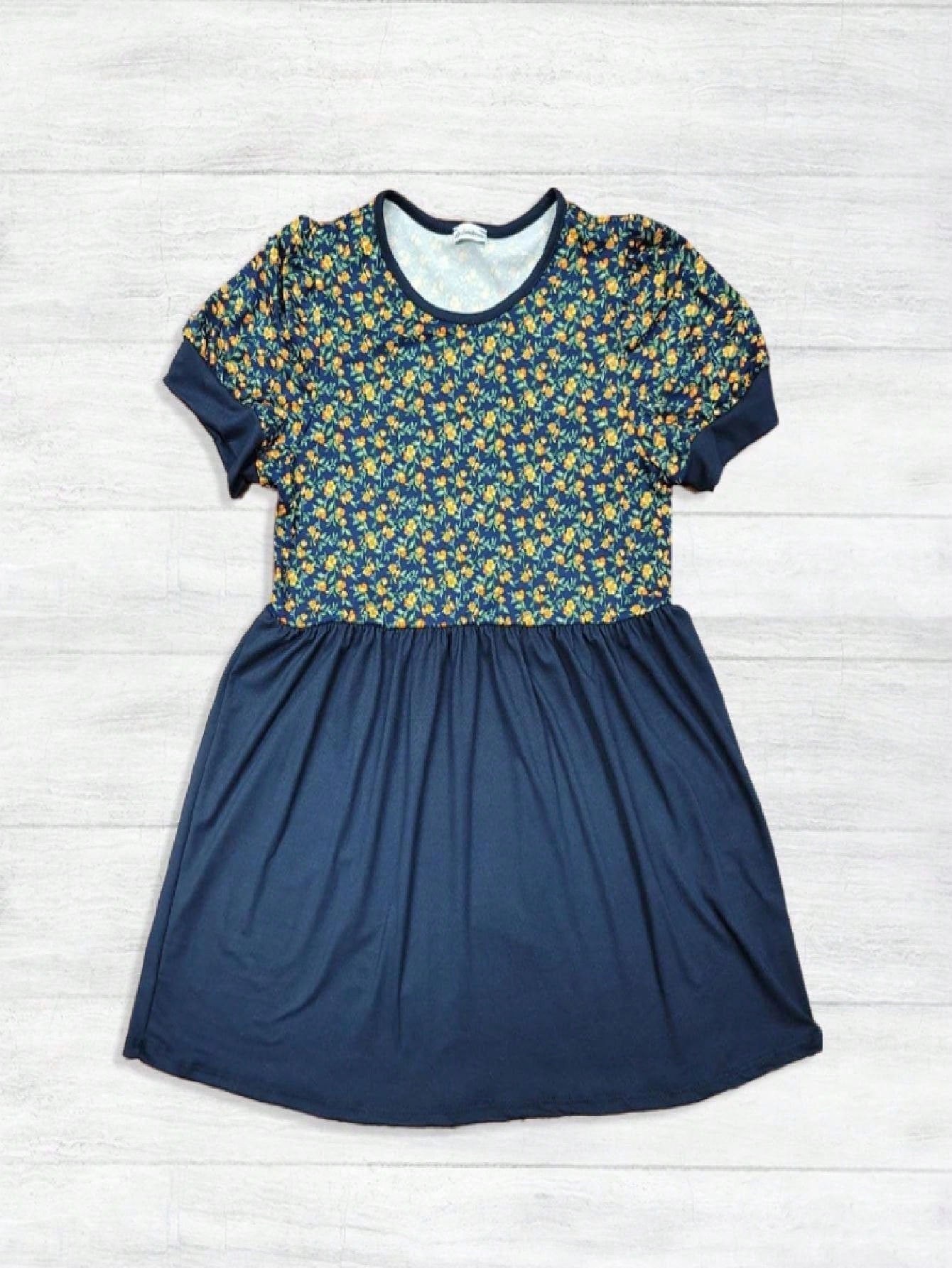 Boho Retro Baby Doll Ivory Navy Blue Floral Color Block Tunic Top Shirt