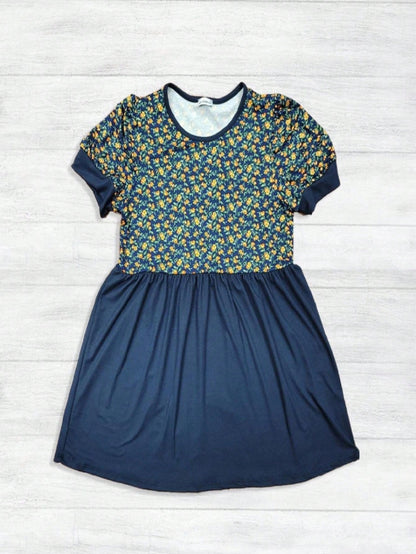 Boho Retro Baby Doll Ivory Navy Blue Floral Color Block Tunic Top Shirt