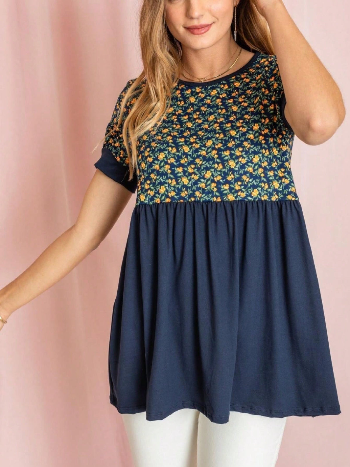 Boho Retro Baby Doll Ivory Navy Blue Floral Color Block Tunic Top Shirt