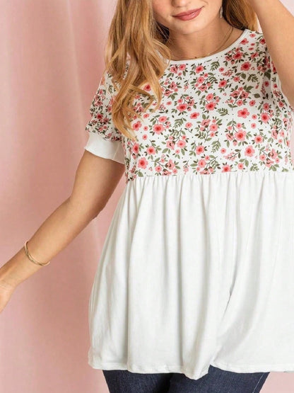 Boho Retro Baby Doll Ivory Navy Blue Floral Color Block Tunic Top Shirt