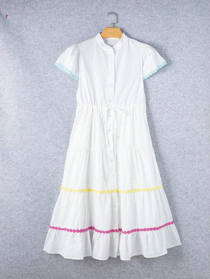 Boho Vacation Cotton Wavy White Elegant Tiered Maxi Long Shirt  Dress With Drawstring  Versatile Summer Dress For Women