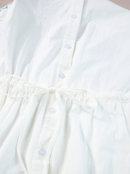 Boho Vacation Cotton Wavy White Elegant Tiered Maxi Long Shirt  Dress With Drawstring  Versatile Summer Dress For Women