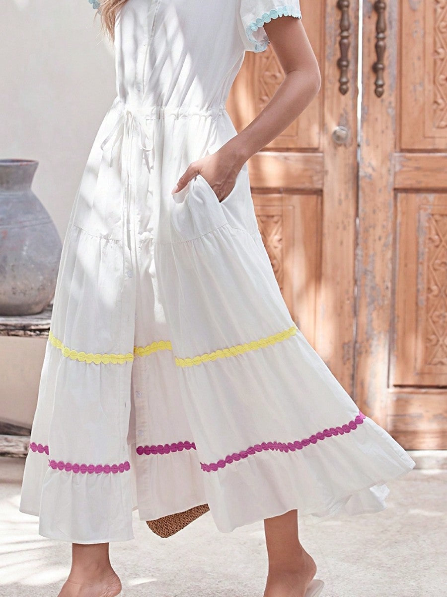 Boho Vacation Cotton Wavy White Elegant Tiered Maxi Long Shirt  Dress With Drawstring  Versatile Summer Dress For Women