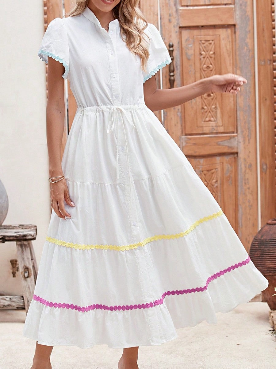 Boho Vacation Cotton Wavy White Elegant Tiered Maxi Long Shirt  Dress With Drawstring  Versatile Summer Dress For Women