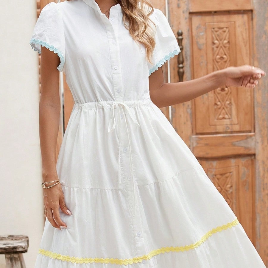 Boho Vacation Cotton Wavy White Elegant Tiered Maxi Long Shirt  Dress With Drawstring  Versatile Summer Dress For Women