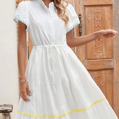 Boho Vacation Cotton Wavy White Elegant Tiered Maxi Long Shirt  Dress With Drawstring  Versatile Summer Dress For Women