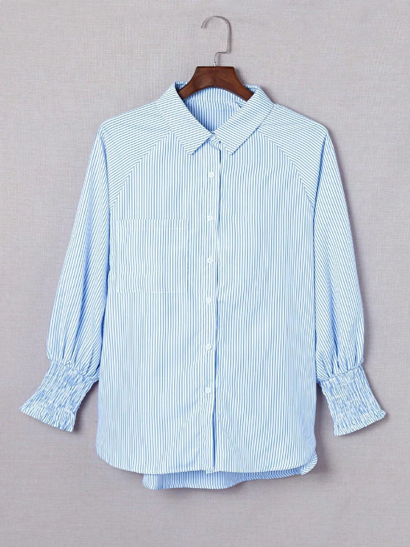 Boho Retro Blue Black Pin Stripe Shirred Scrunched Up Cuff Sleeve Light Weight Overs Sized Button Down Shirt Tunic Blouse