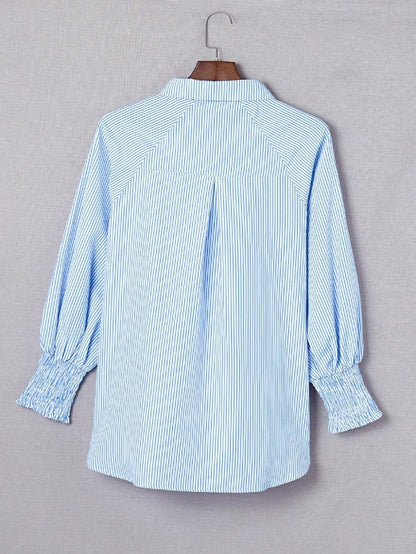 Boho Retro Blue Black Pin Stripe Shirred Scrunched Up Cuff Sleeve Light Weight Overs Sized Button Down Shirt Tunic Blouse